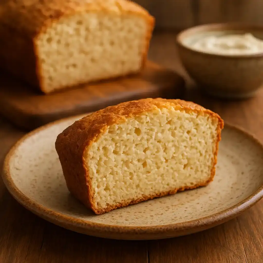 A warm slice of Zero Carb Yogurt Bread Recipe on a rustic plate, cozy kitchen lighting, inviting home-style loaf