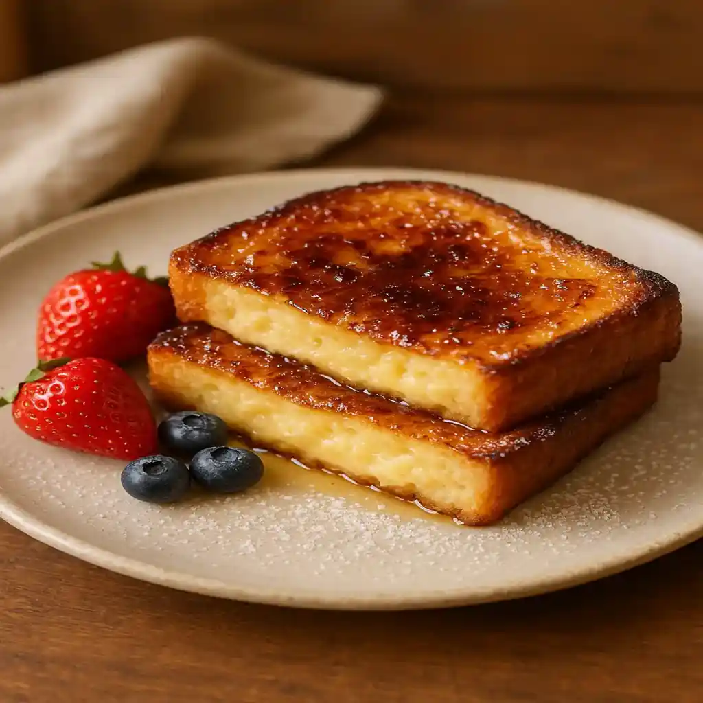 Crème Brulée French Toast: Crackling, Custardy Brunch Bliss 1 Crème brulée french toast with crackled caramel top and custardy center on a warm plate