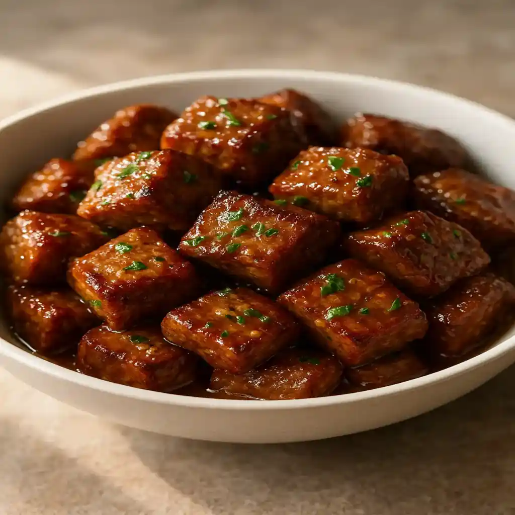 High Protein Slow Cooker Garlic Butter Beef Bites in a glossy sauce garnished with parsley