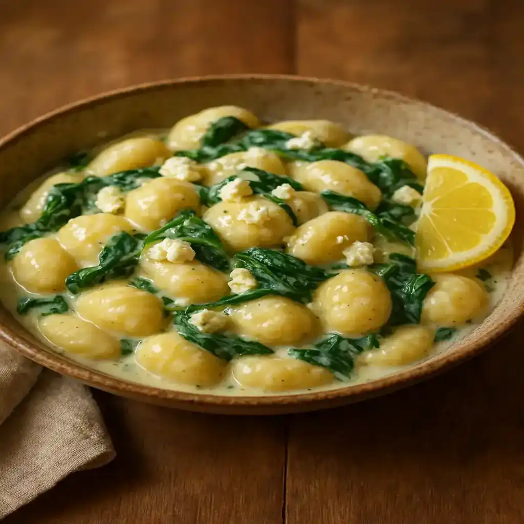 Creamy Gnocchi with Spinach and Feta in a rustic bowl, warm and comforting