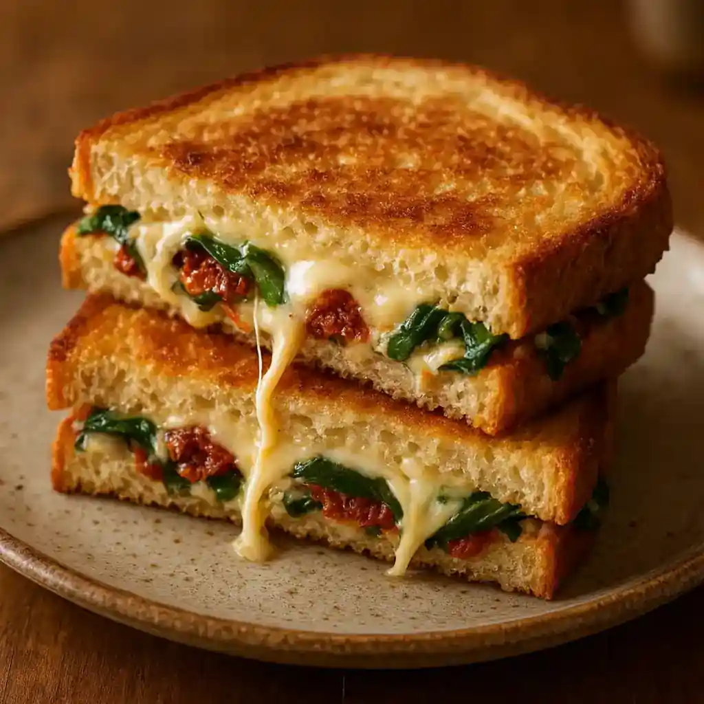 Sun-Dried Tomato, Spinach, and Ricotta Grilled Cheese, Cozy Weeknight 1 Close-up of Sun-Dried Tomato, Spinach, and Ricotta Grilled Cheese with melted cheese and golden toasted bread, warm and inviting.