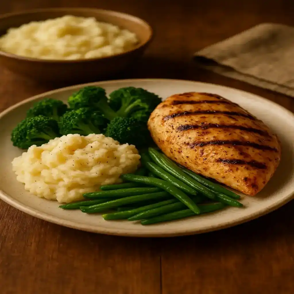 Close up of a warm family style high protein dinner recipe, showing grains, roasted vegetables, and protein in a cozy kitchen setting