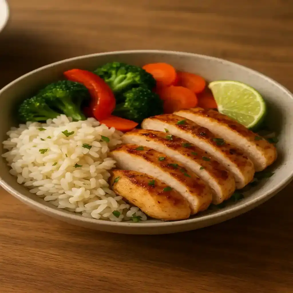 High Protein Chicken Rice Bowl for Meal Prep with juicy sliced chicken, rice, and bright vegetables