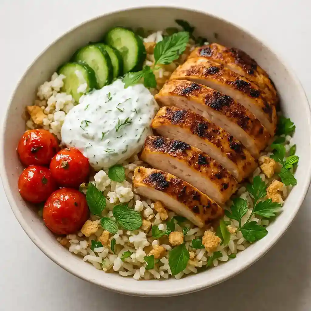 Greek Chicken Bowls with Tzatziki: juicy grilled chicken, creamy tzatziki, blistered tomatoes and rice