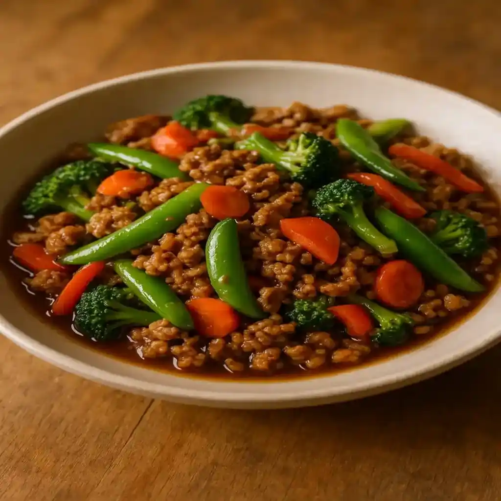 Healthy Ground Turkey Stir Fry Dinner with colorful vegetables and glossy sauce on a warm bowl, a cozy home-style meal by Lina