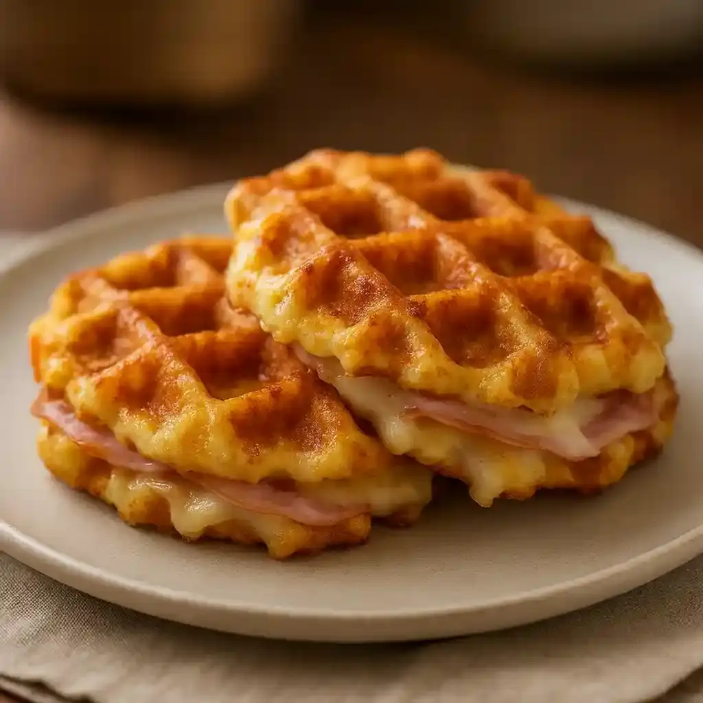 Crunchy Ham Cheese Chaffles, Simple Low-Carb Breakfast 1 Plate of Crunchy Ham Cheese Chaffles with golden crisp edges, a warm homestyle breakfast scene