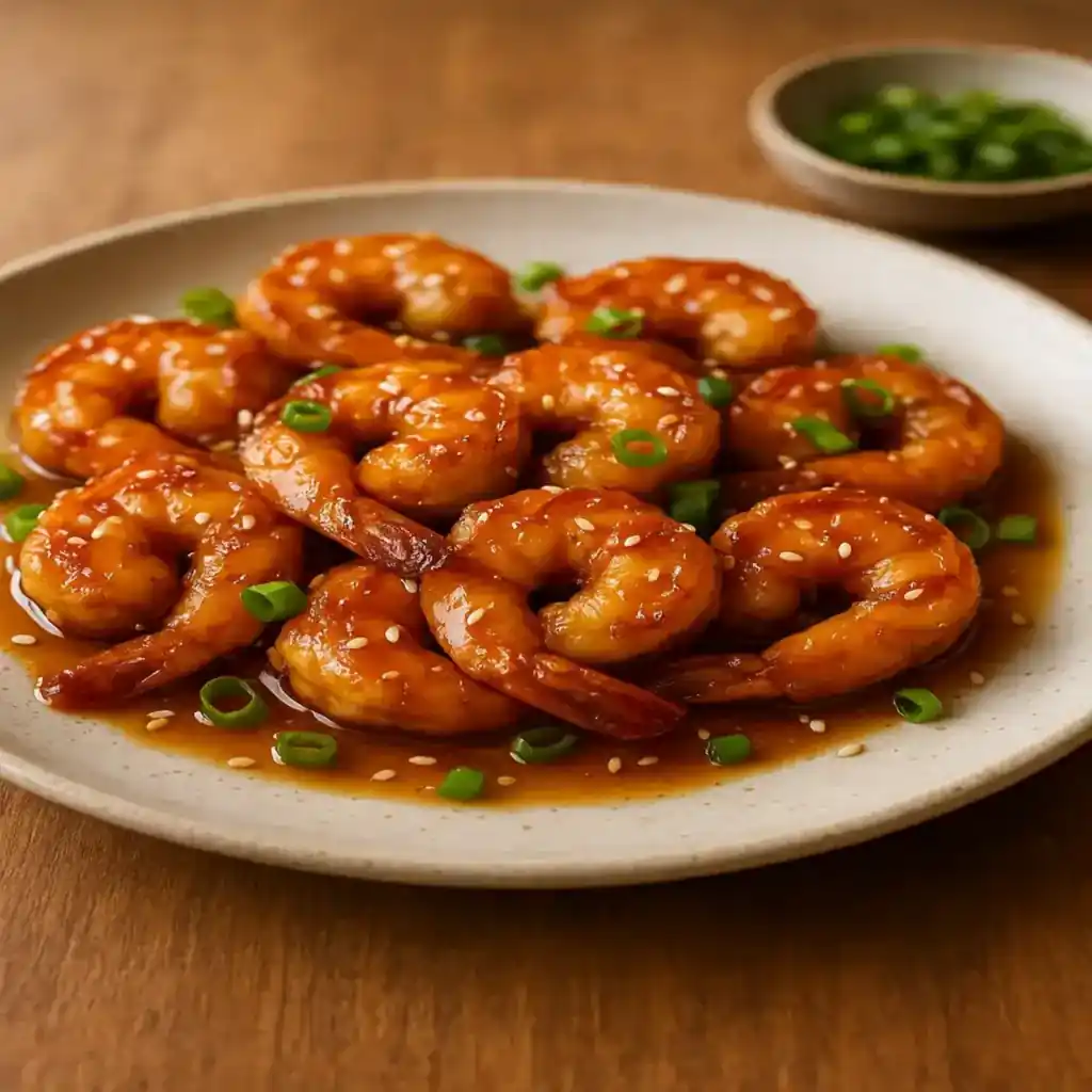 A warm, home-style plate of High Protein Honey Garlic Shrimp, perfect for quick weeknight dinners. This photo shows the glossy honey garlic glaze and simple garnishes in Lina's comforting kitchen style.