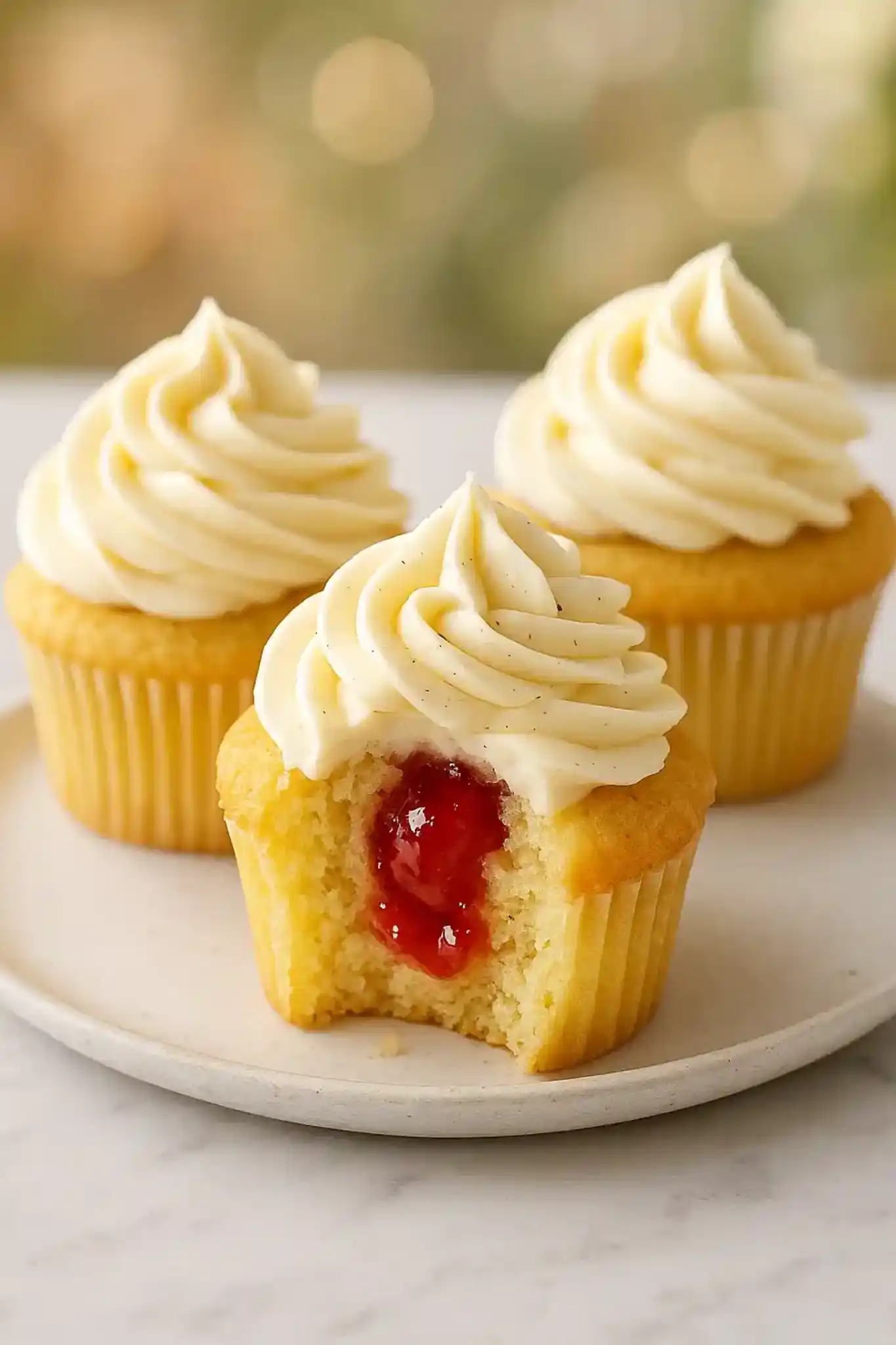 Vanilla Bean Cupcakes with Strawberry Filling: Soft, Juicy, Show-Stopping 1 Vanilla Bean Cupcakes with Strawberry Filling on a marble plate, tender domes and glossy jammy centers