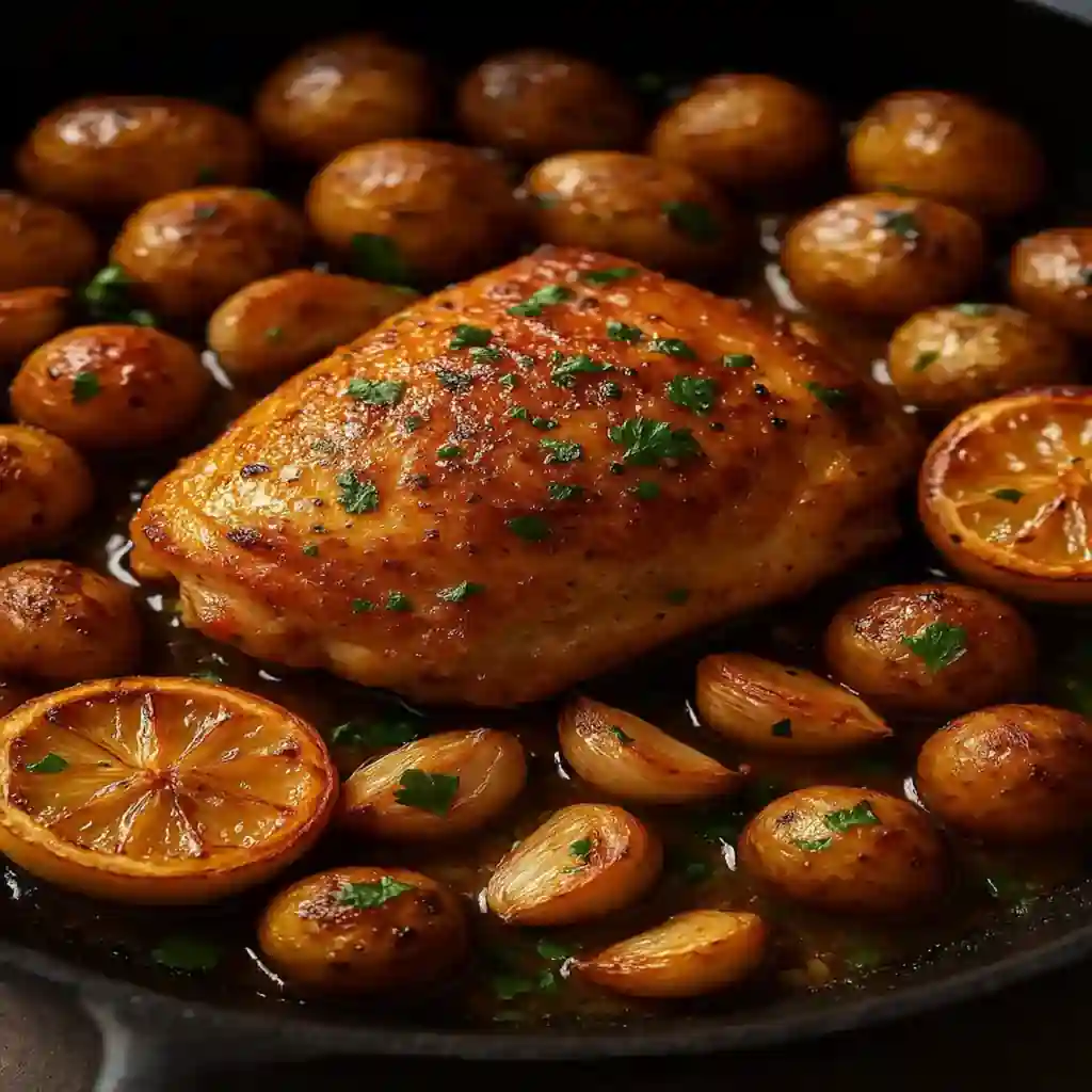One Pan Lemon Garlic Chicken and Vegetables with crispy skin, roasted potatoes, carrots and lemon