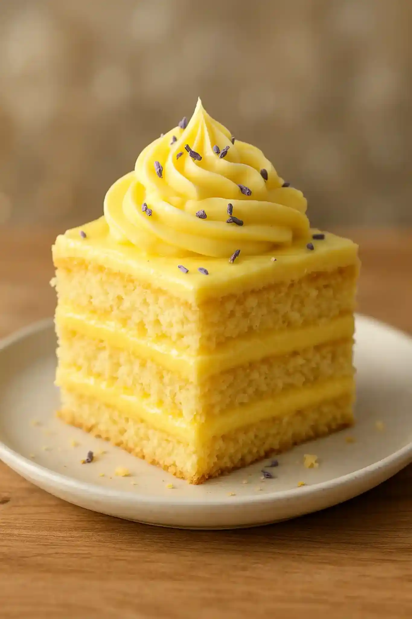 Honey Lavender Lemon Cupcakes on a plate with glossy lemon buttercream and lavender sprinkles