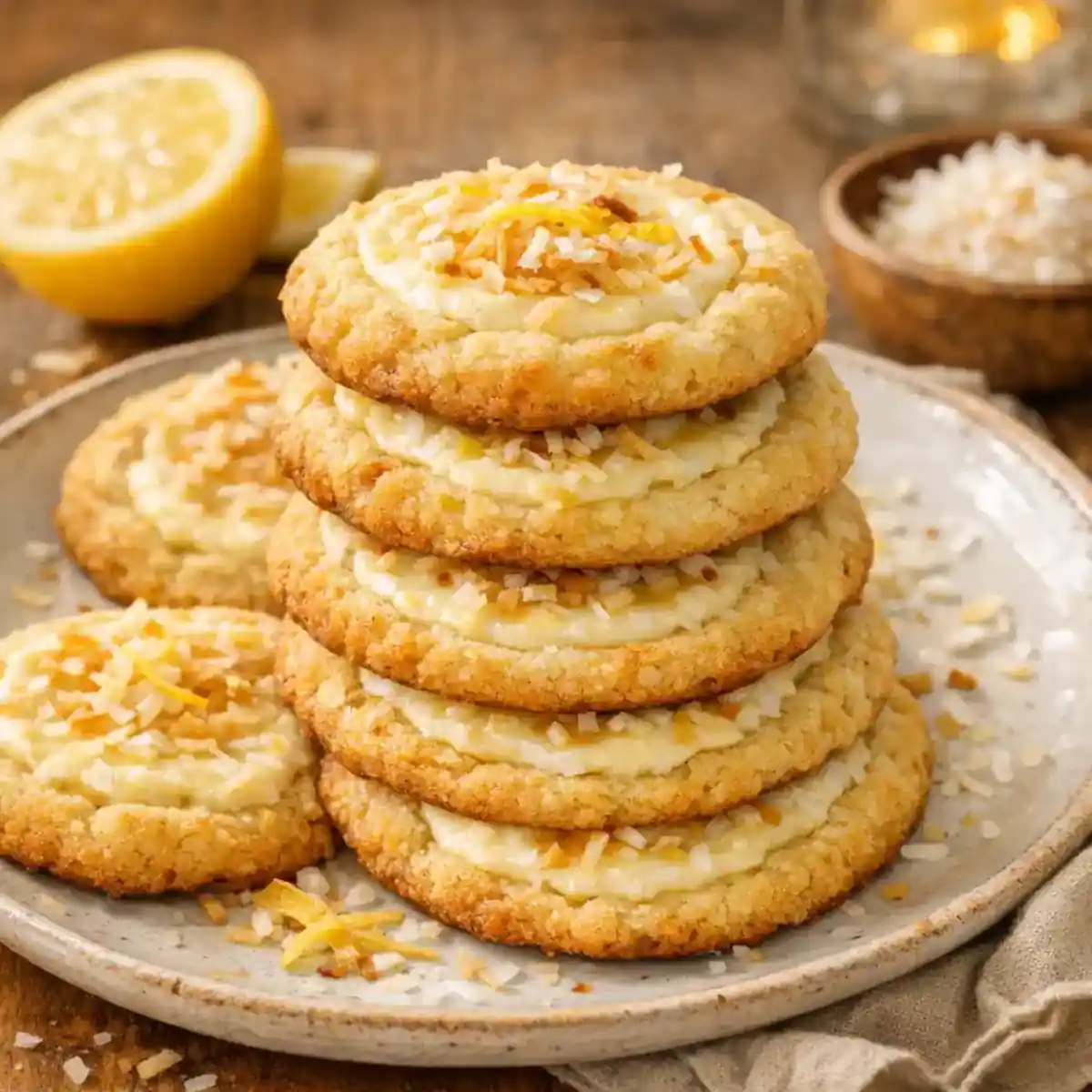 Lemon Coconut Cheesecake Cookies That Taste Like Sunshine 1 A warm, comforting image of lemon coconut cheesecake cookies with creamy centers and toasted coconut, perfect for sharing with family.