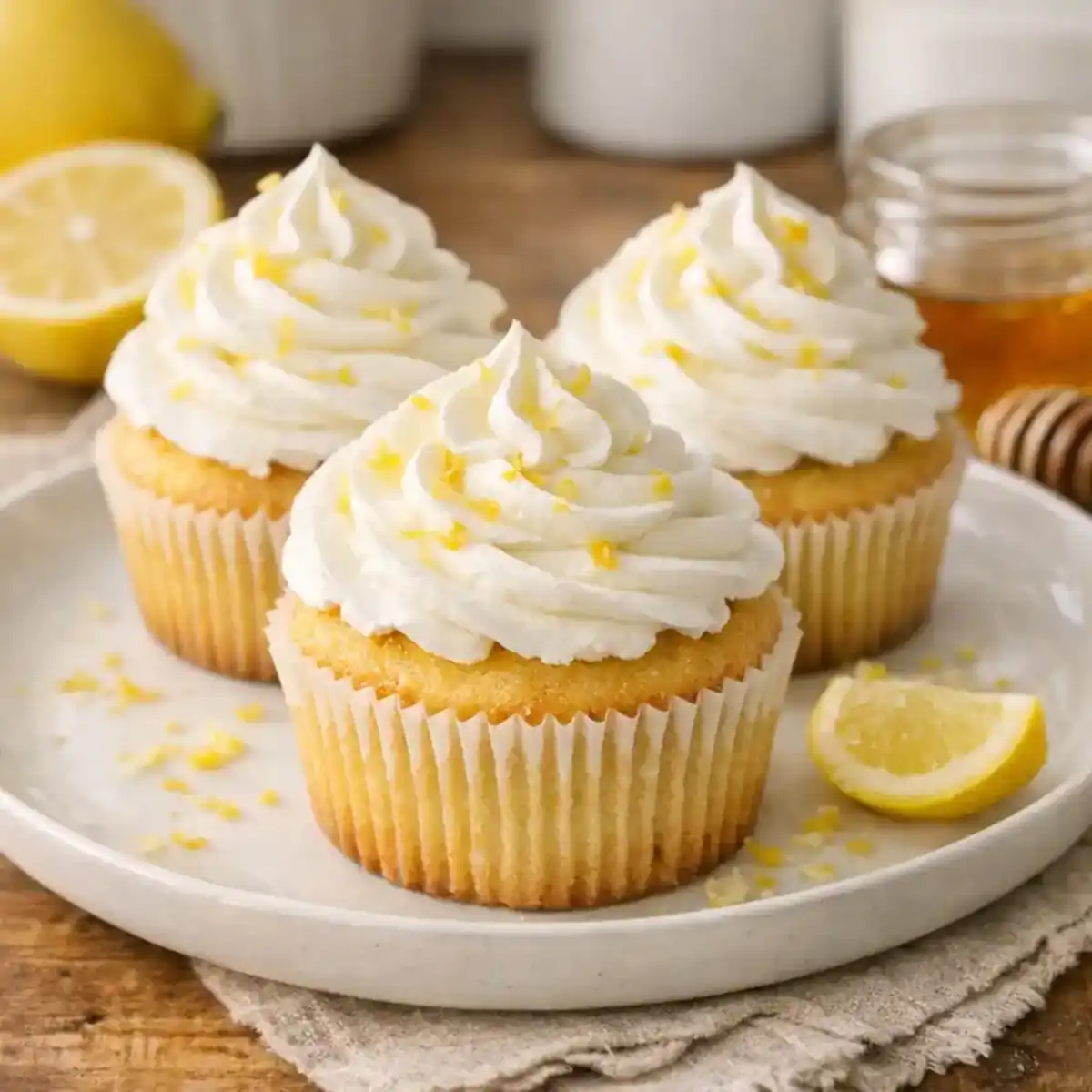 Honey Lemon Cupcakes with Light Whipped Frosting topped with fresh lemon zest