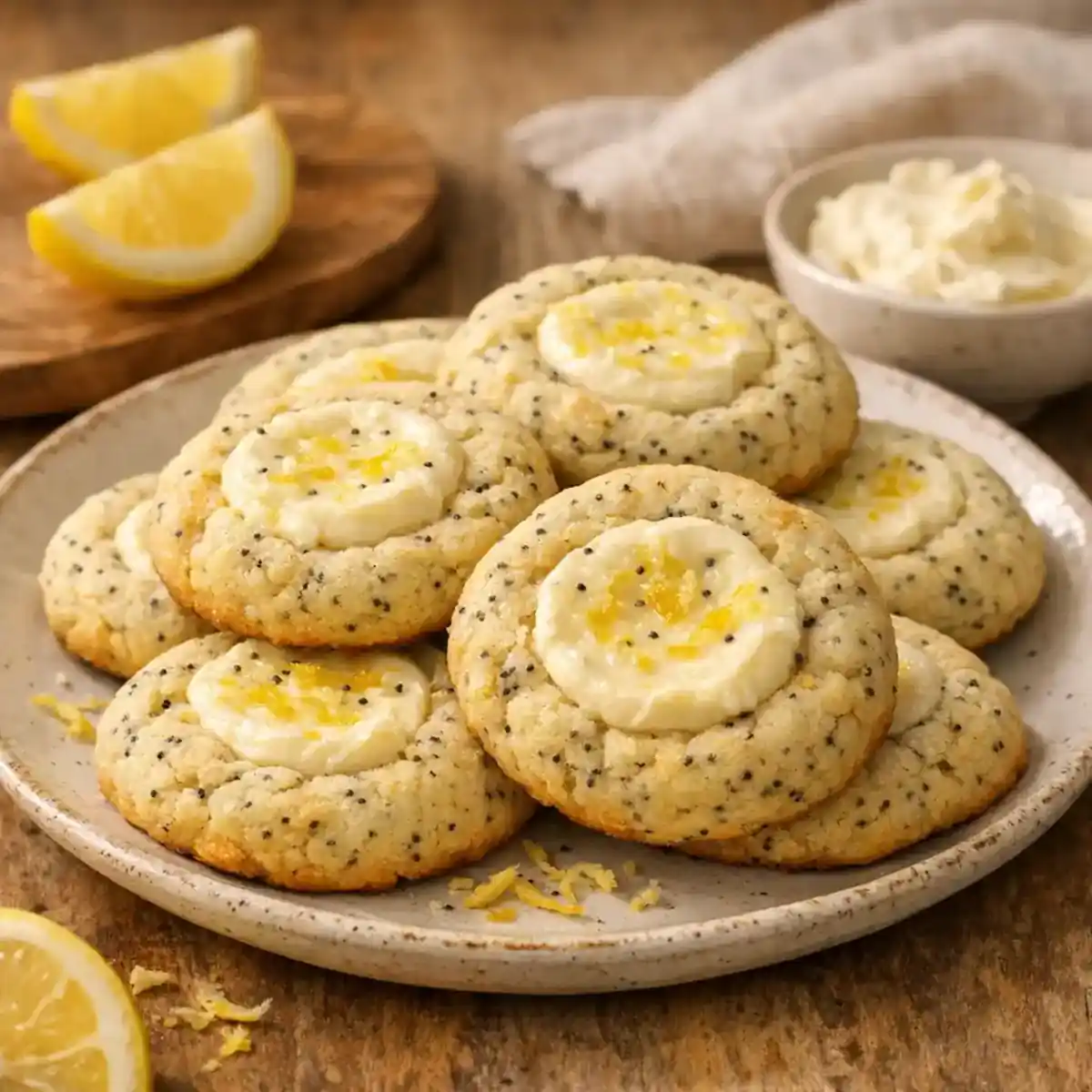 Soft Lemon Poppy Seed Cheesecake Cookies Everyone Loves 1 Soft lemon poppy seed cheesecake cookies on a plate in warm kitchen light