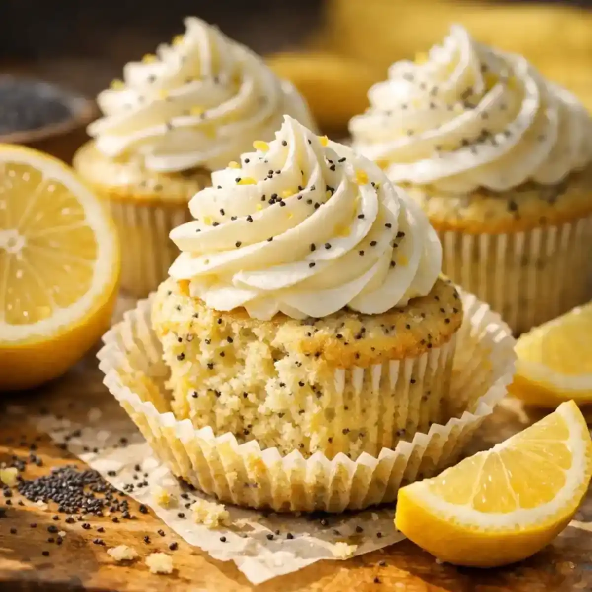 Lemon Poppy Seed Cupcakes with Light Vanilla Frosting That Wow 1 Bakery style lemon poppy seed cupcakes with light vanilla frosting, soft crumb, fresh citrus flavor, and elegant presentation.