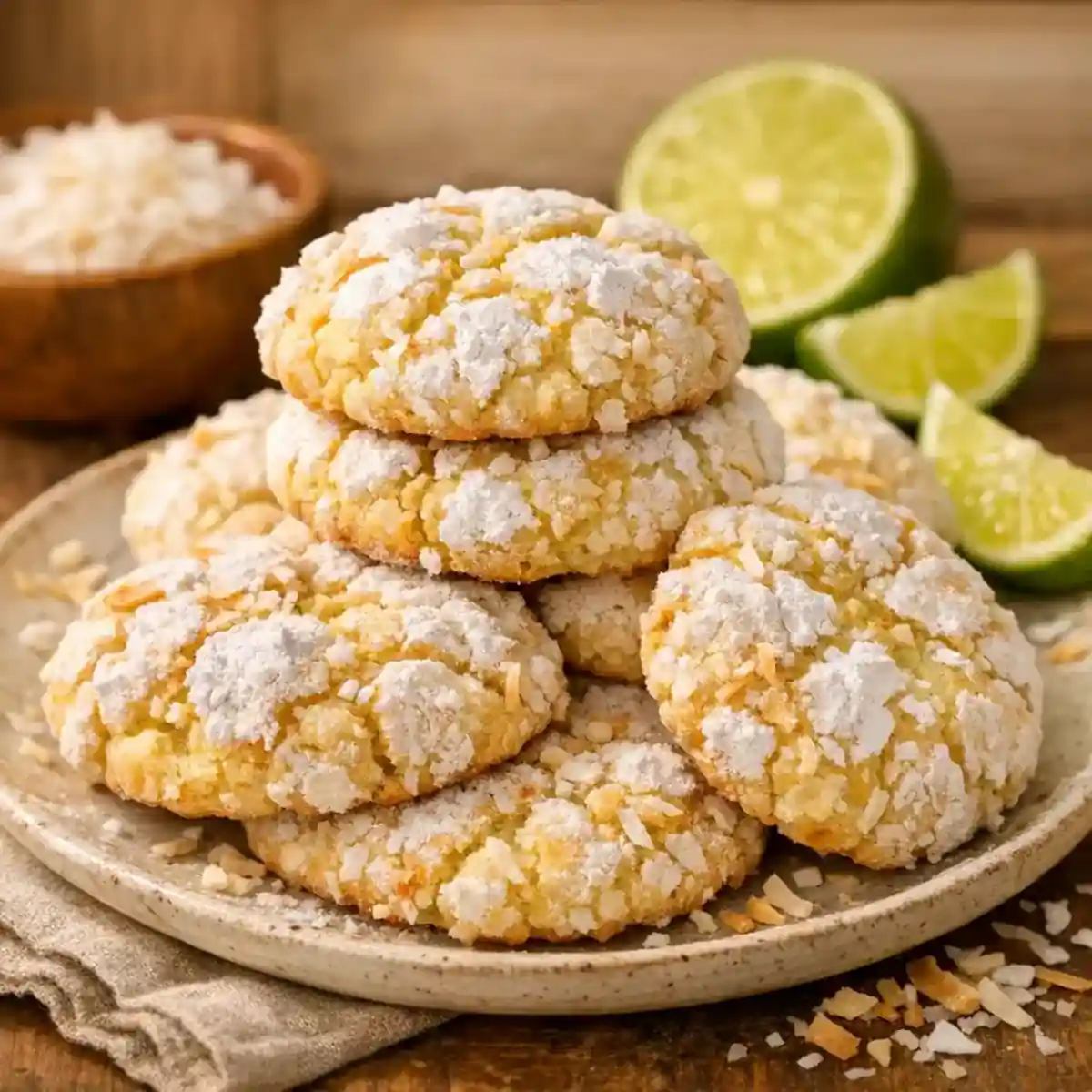 Coconut Key Lime Crinkle Cookies (Bright & Zesty) for Family Baking 1 Coconut Key Lime Crinkle Cookies with powdered sugar and coconut texture