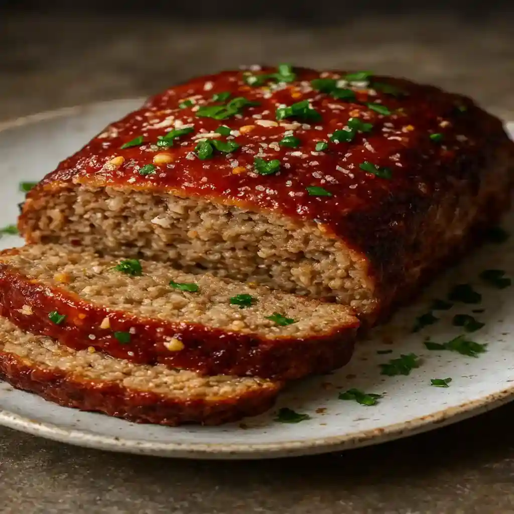 Sliced Garlic Parmesan Meatloaf (Healthier Version) with glossy glaze and parsley