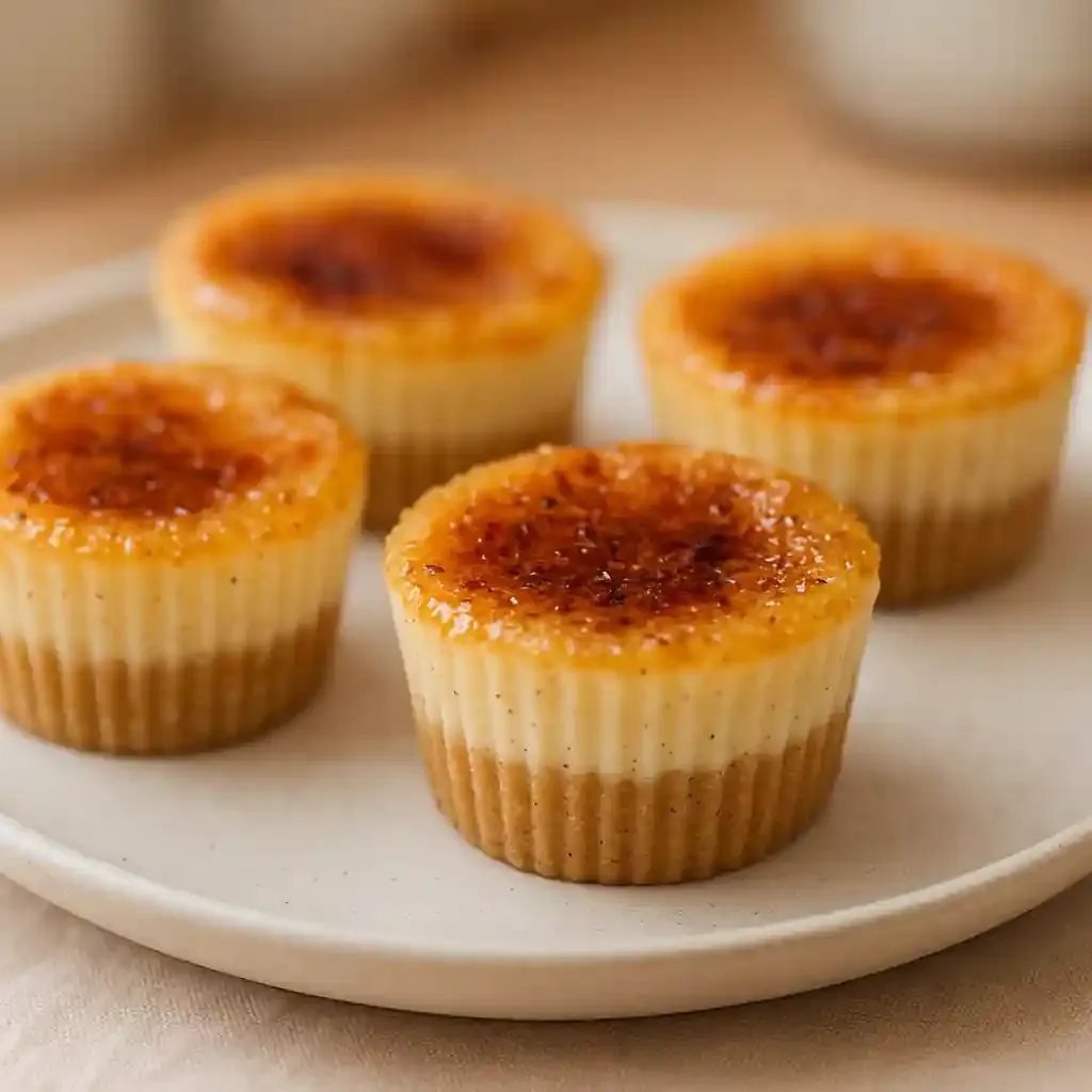 Vanilla Bean Crème Brûlée Cheesecake Cupcakes Recipe 1 Close-up of Vanilla Bean Crème Brûlée Cheesecake Cupcakes with caramelized sugar tops, creamy filling visible