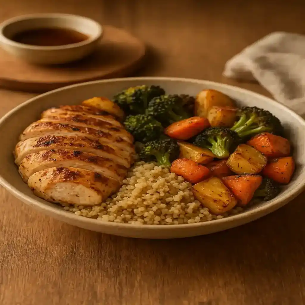Cozy plated Macro Friendly Dinner Recipes bowl with grilled chicken, roasted vegetables, and quinoa in warm kitchen light