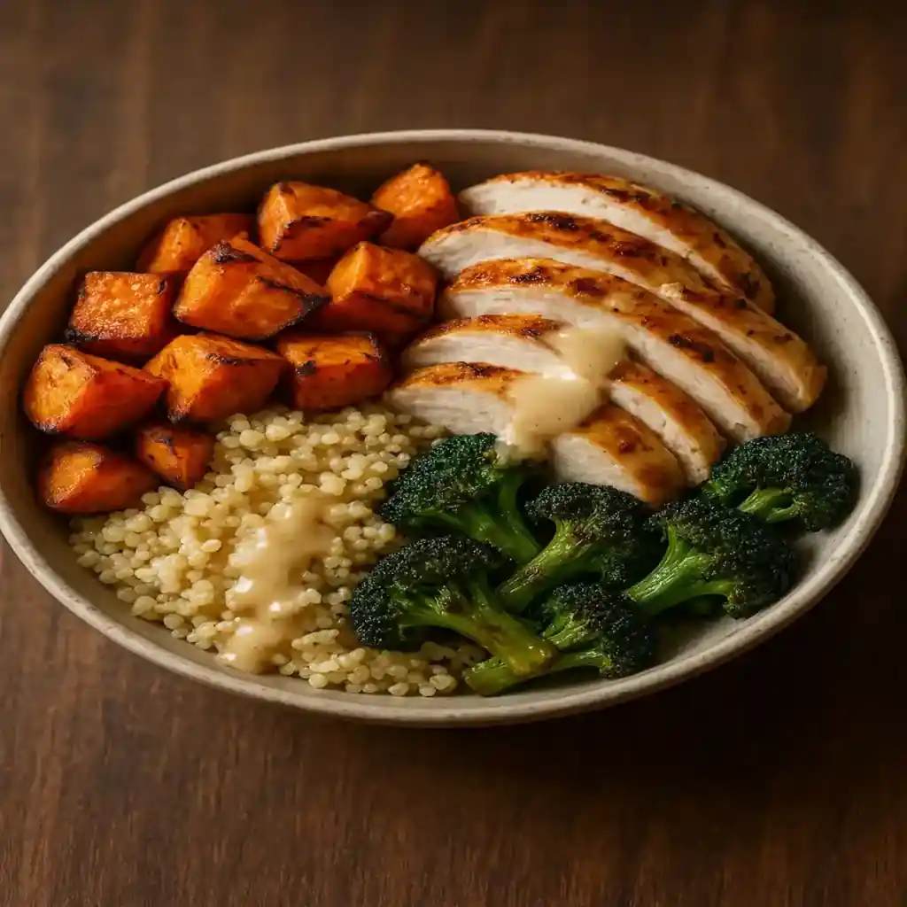 Healthy Meal Prep Dinners bowl with roasted vegetables, grilled protein, quinoa and tahini drizzle