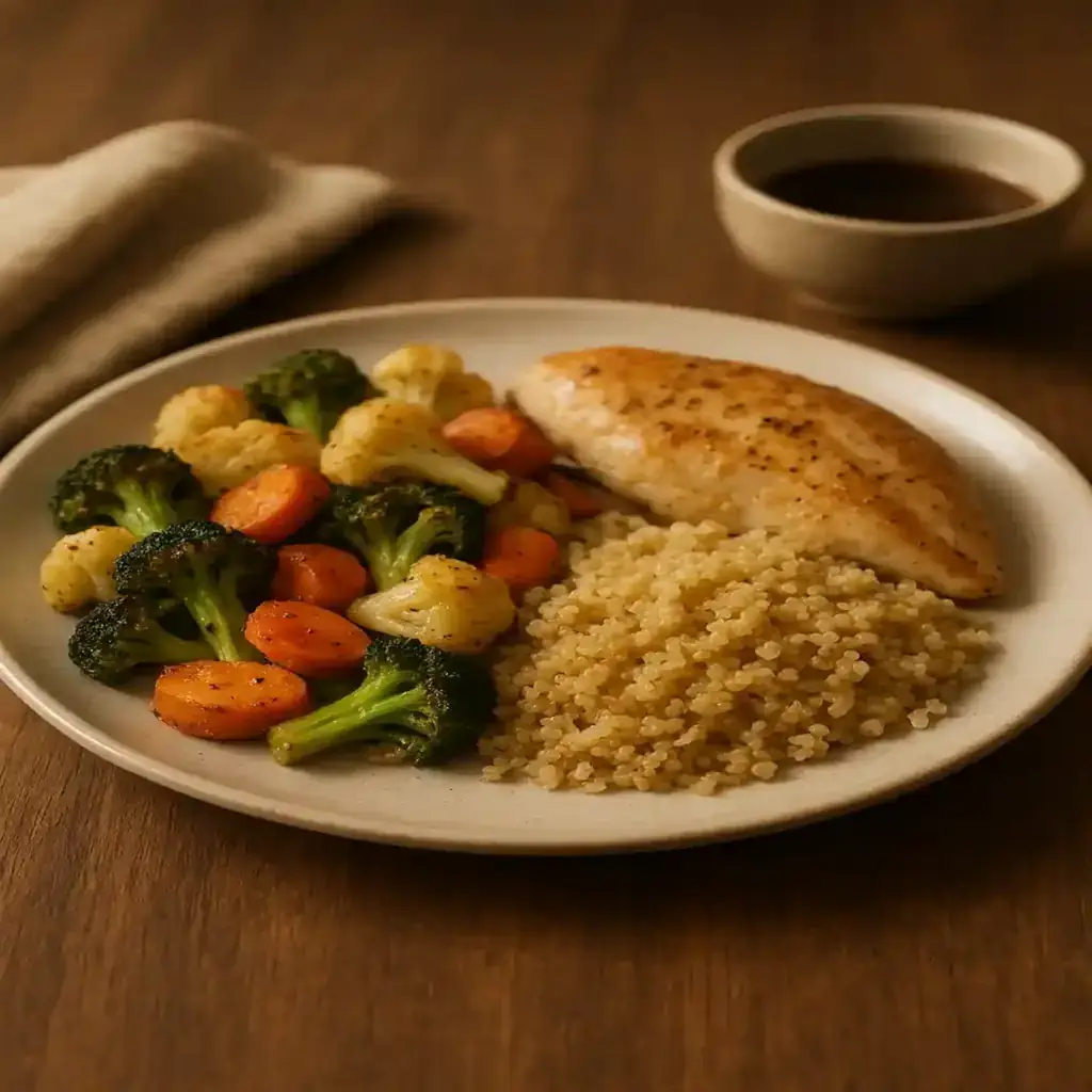 A warm plate of Easy Weeknight Healthy Dinners with roasted vegetables and quinoa, cozy kitchen setting