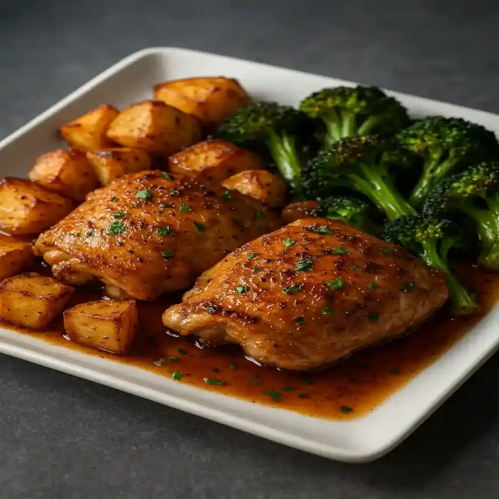Healthy One Pan Dinners with roasted chicken, golden potatoes, and bright herbs