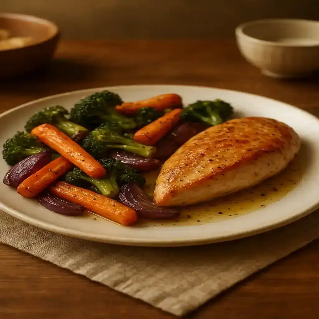 A warm plate of 30 Minute Healthy Dinners with seared protein and roasted vegetables, ready to serve