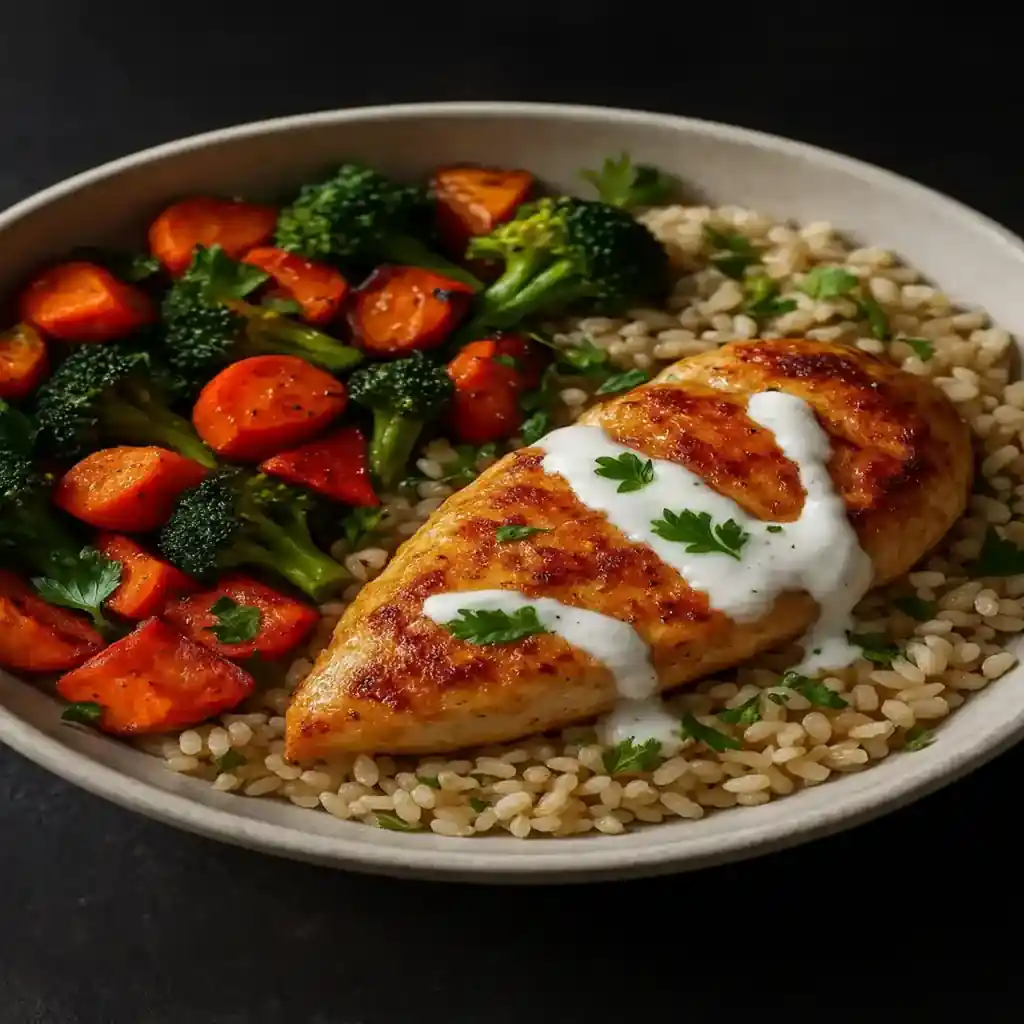 Healthy Family Dinner Ideas bowl with seared chicken, roasted vegetables, grains, and lemon-yogurt drizzle