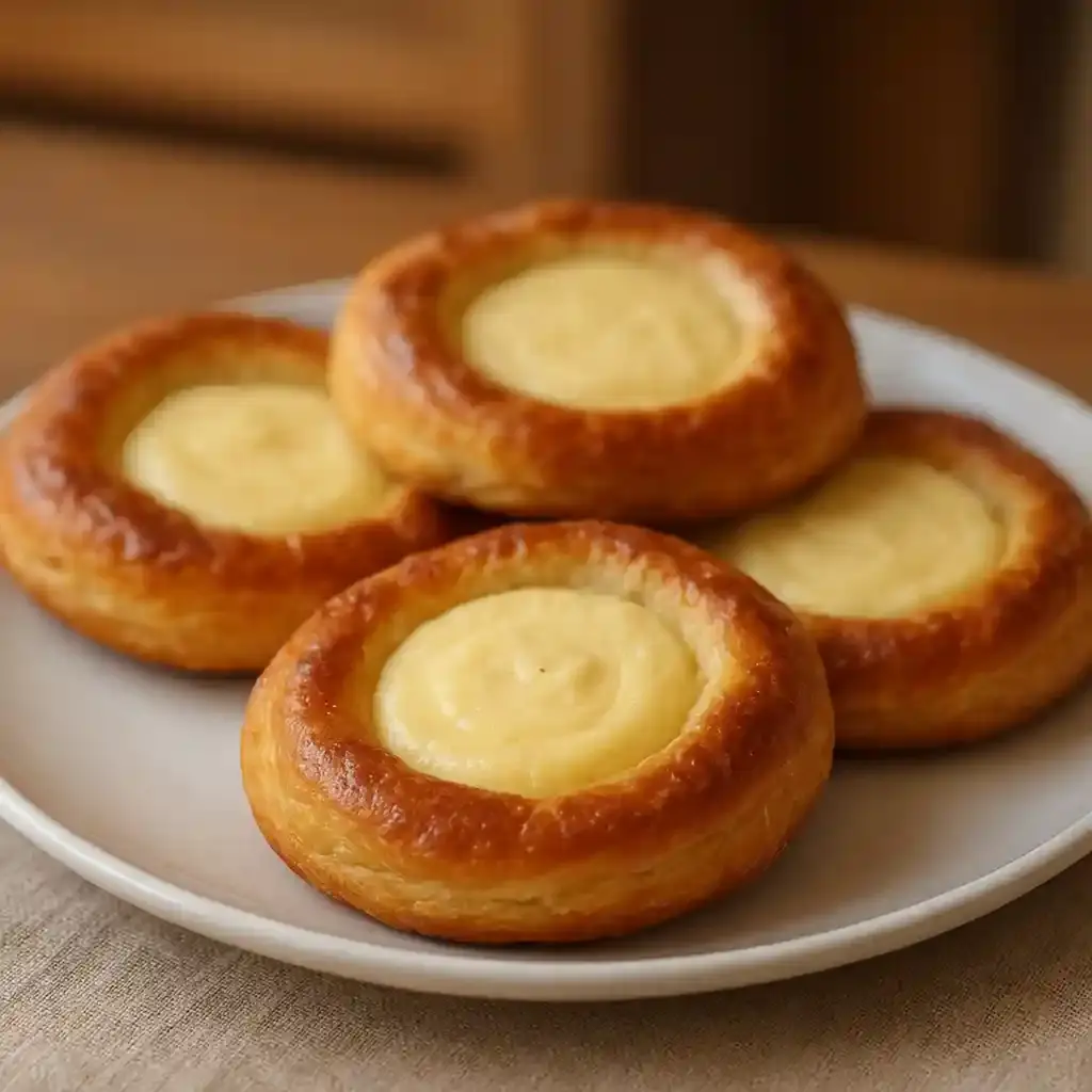 Decadent Danish Carnival Buns with Vanilla Cheesecake Delight 1 Close-up of Decadent Danish Carnival Buns with Vanilla Cheesecake Delight, golden buns with creamy vanilla centers