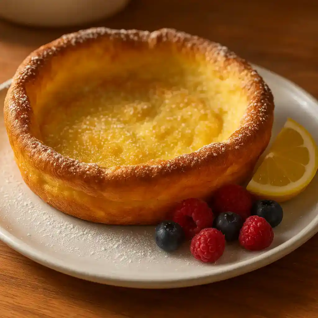 Puffy German Pancake Recipe for Cozy Family Breakfasts 1 A warm plate showing a puffy German pancake recipe with powdered sugar and berries, cozy kitchen setting