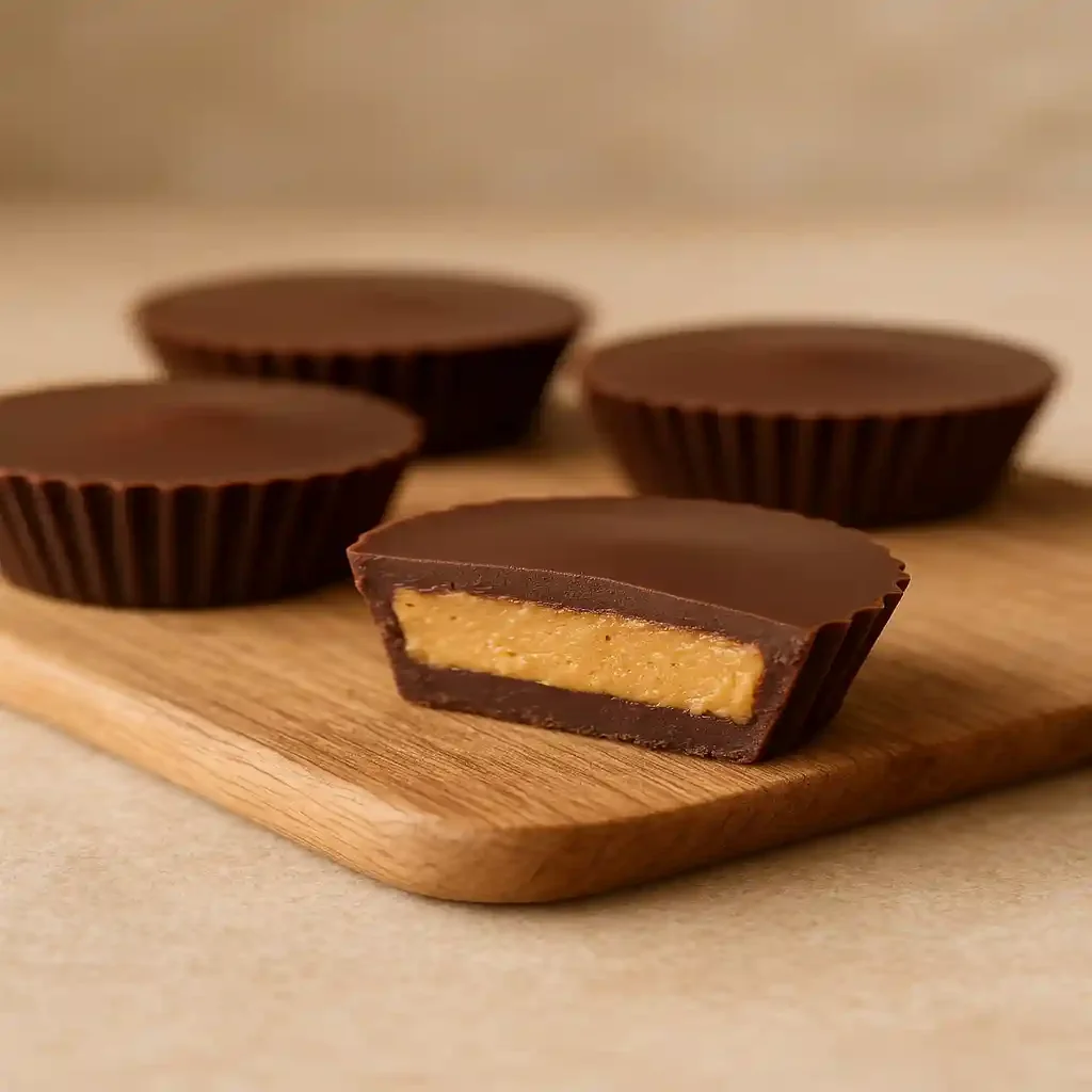 Close up of High Protein Peanut Butter Cups for Meal Prep on a wooden board, chocolate glossy top and creamy peanut filling visible