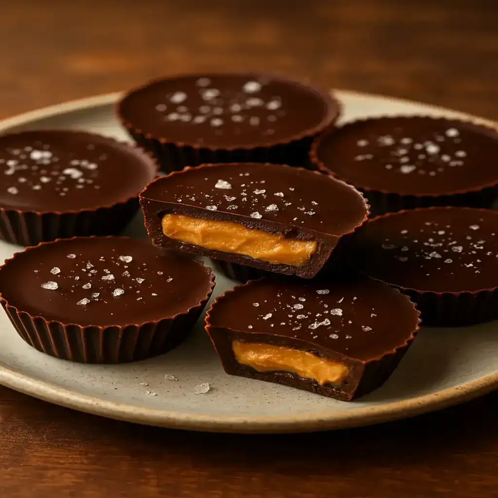 Healthy Reese’s Cups Made with Simple Ingredients on a modern plate with glossy chocolate and sea salt