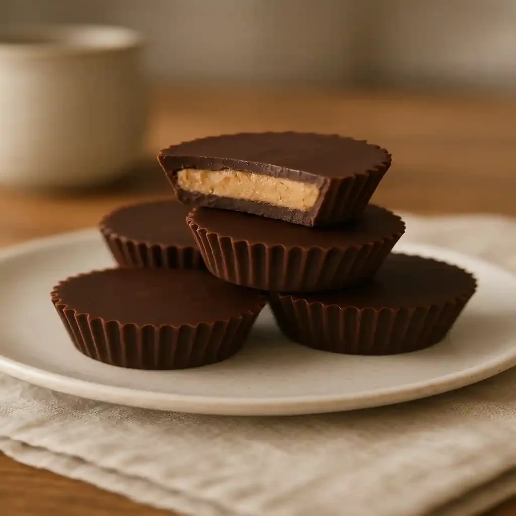 Close up of sugar free homemade Reese’s style cups on a plate, rich chocolate shells and creamy peanut butter centers, Sugar Free Homemade Reese’s Cups Recipe