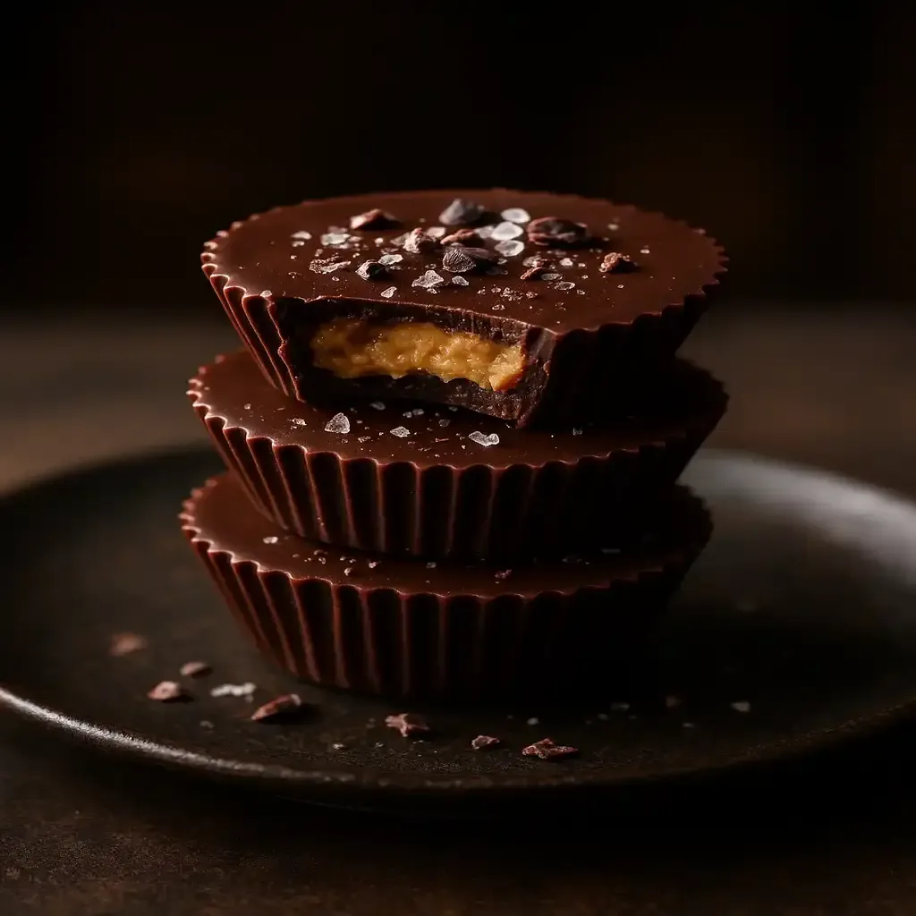 Healthy Reese's Cups Without Refined Sugar — Decadent & Clean 1 Healthy Reese's Cups Without Refined Sugar, glossy dark chocolate peanut butter cups with sea salt and cacao nibs