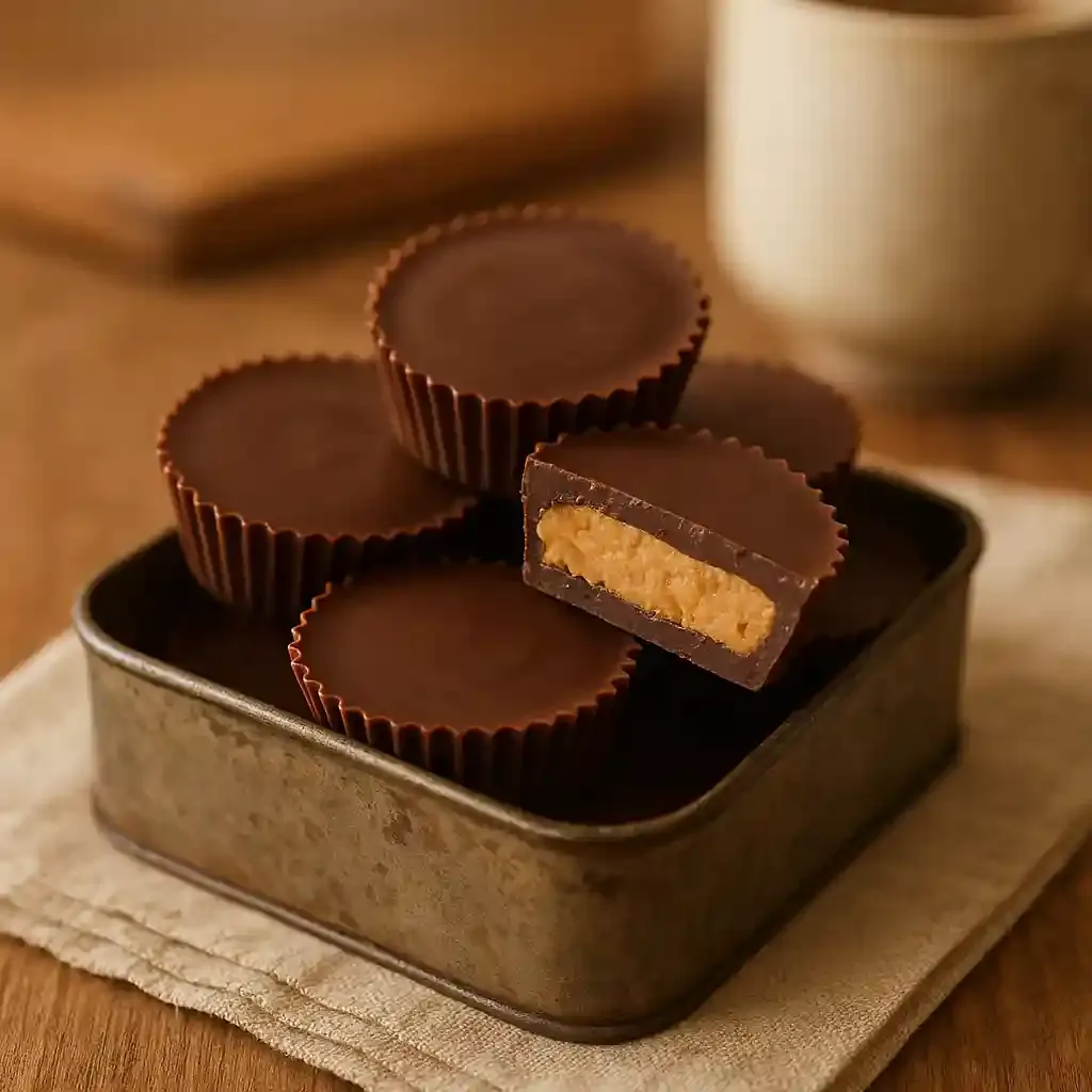 Close-up of Easy Homemade Reese's Cups with Just 4 Ingredients in a rustic tin, glossy chocolate and creamy peanut butter centers