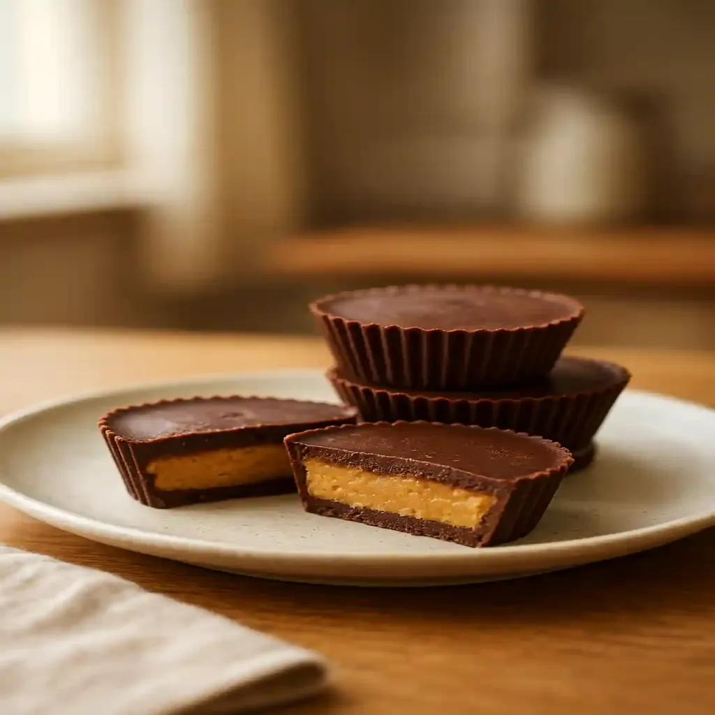 Low Carb Sugar Free Peanut Butter Cups Recipe 1 Close-up of low carb sugar free peanut butter cups on a small plate, smooth chocolate surface and peanut filling visible