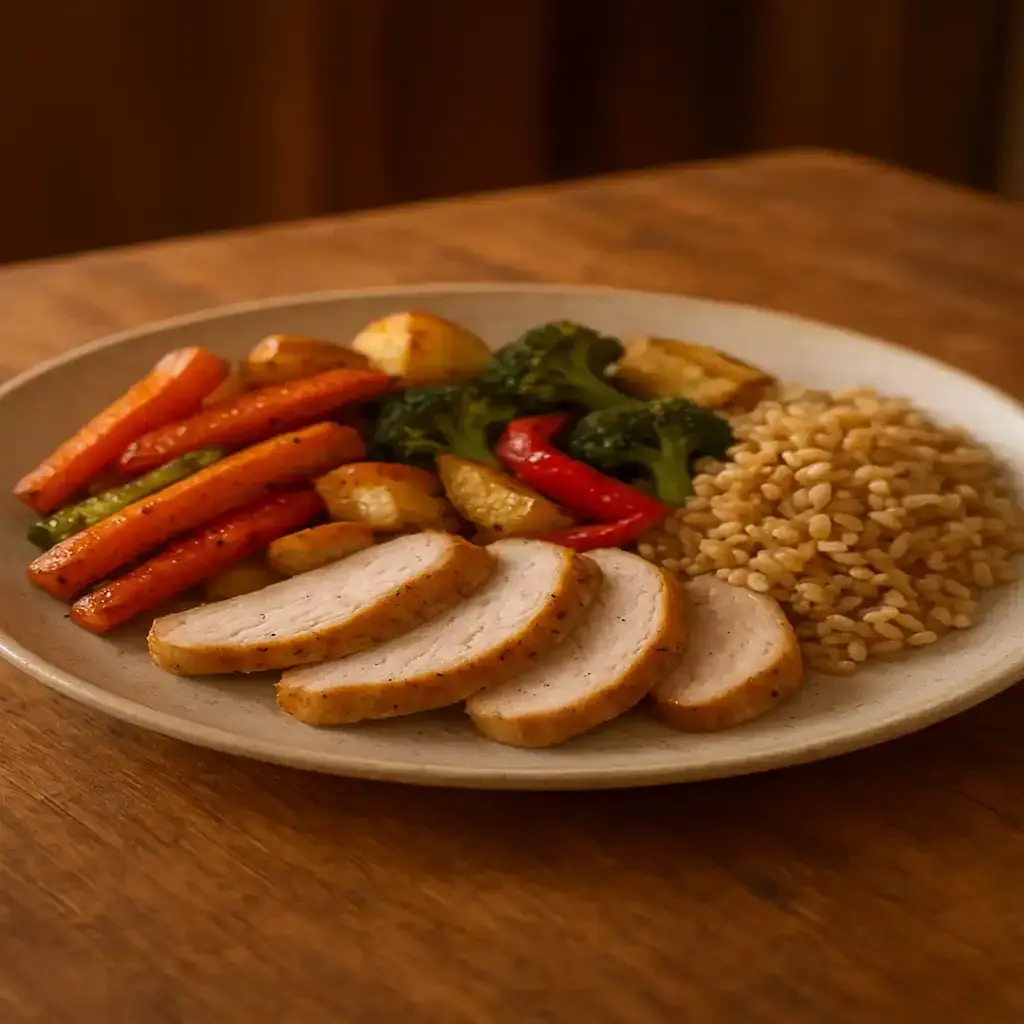 Cozy plate of clean eating dinner recipes with roasted vegetables, lean protein, and whole grains in warm kitchen light