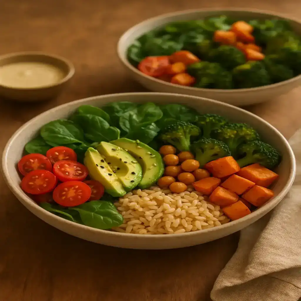 A cozy plated Healthy Bowls for Dinner with grains, roasted vegetables, protein, avocado, and seeds in warm kitchen lighting