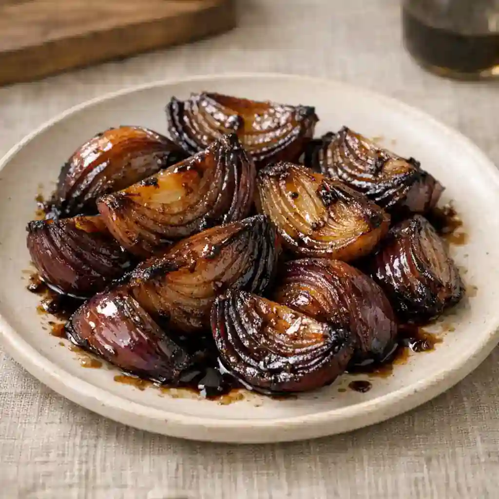 Balsamic roasted onions with caramelized edges on a plate