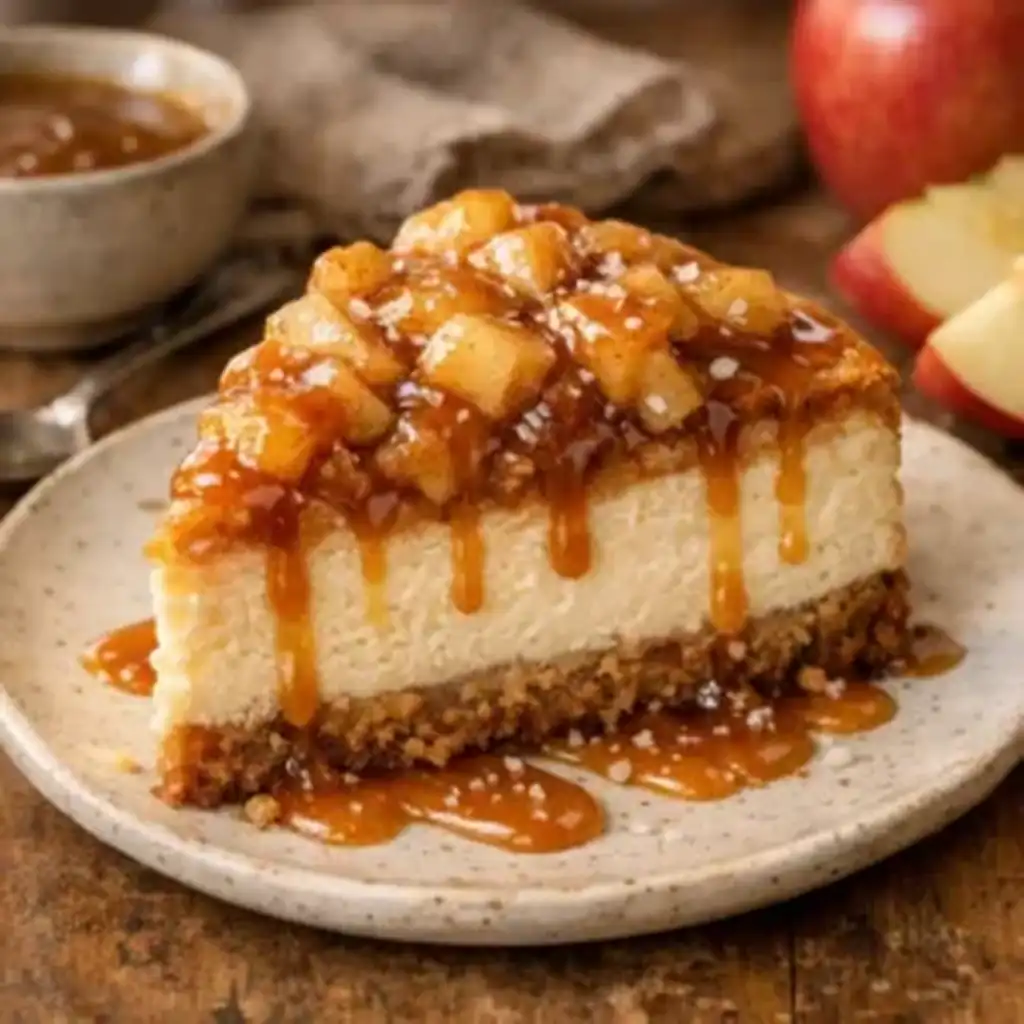 Slice of salted caramel apple pie cheesecake on a cozy kitchen plate