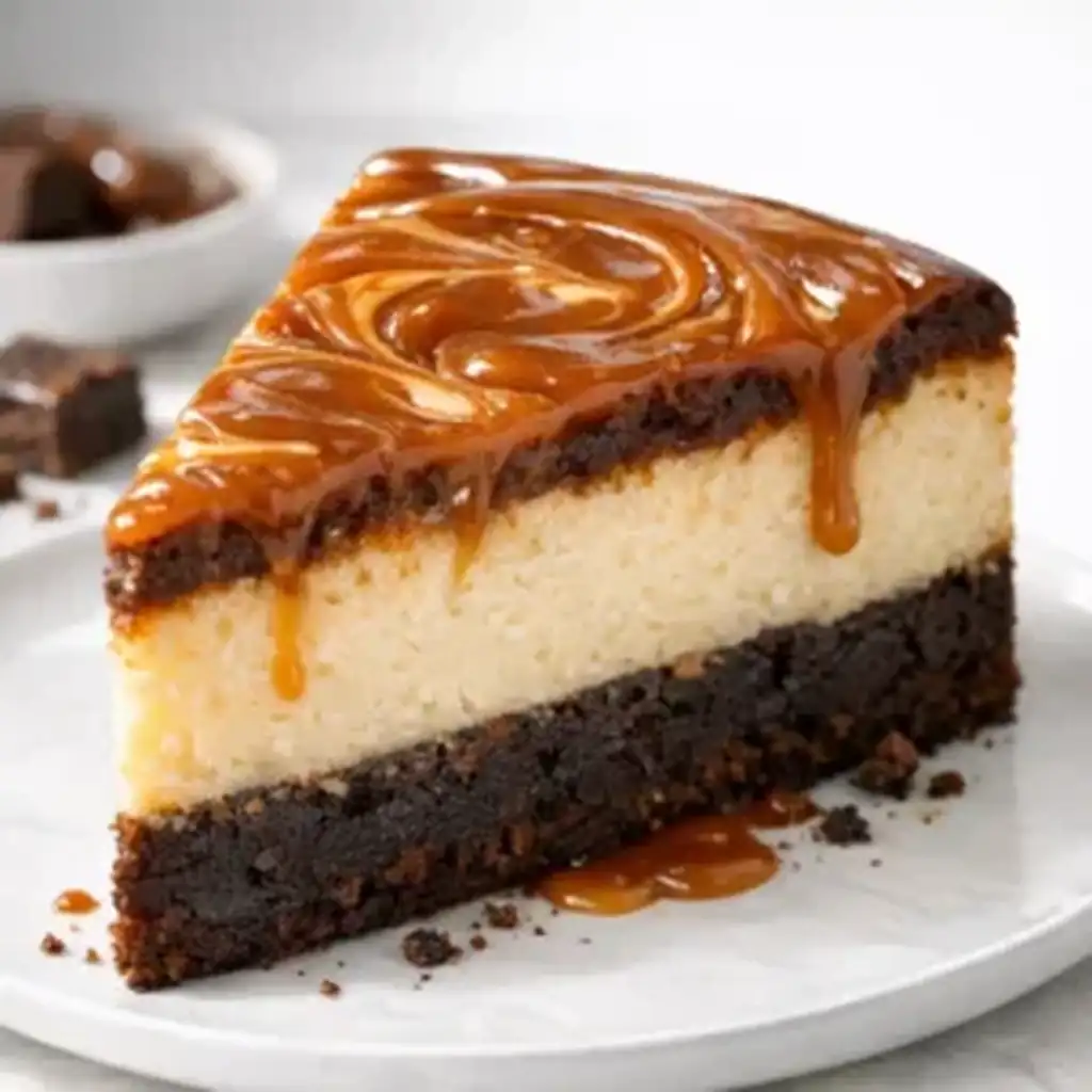 Slice of caramel brownie cheesecake with fudgy brownie base and caramel swirl