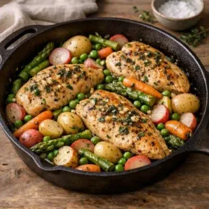 Garlic Herb Chicken with Spring Vegetables Easy Skillet Dinner 1 Garlic Herb Chicken with Spring Vegetables cooked in a simple skillet