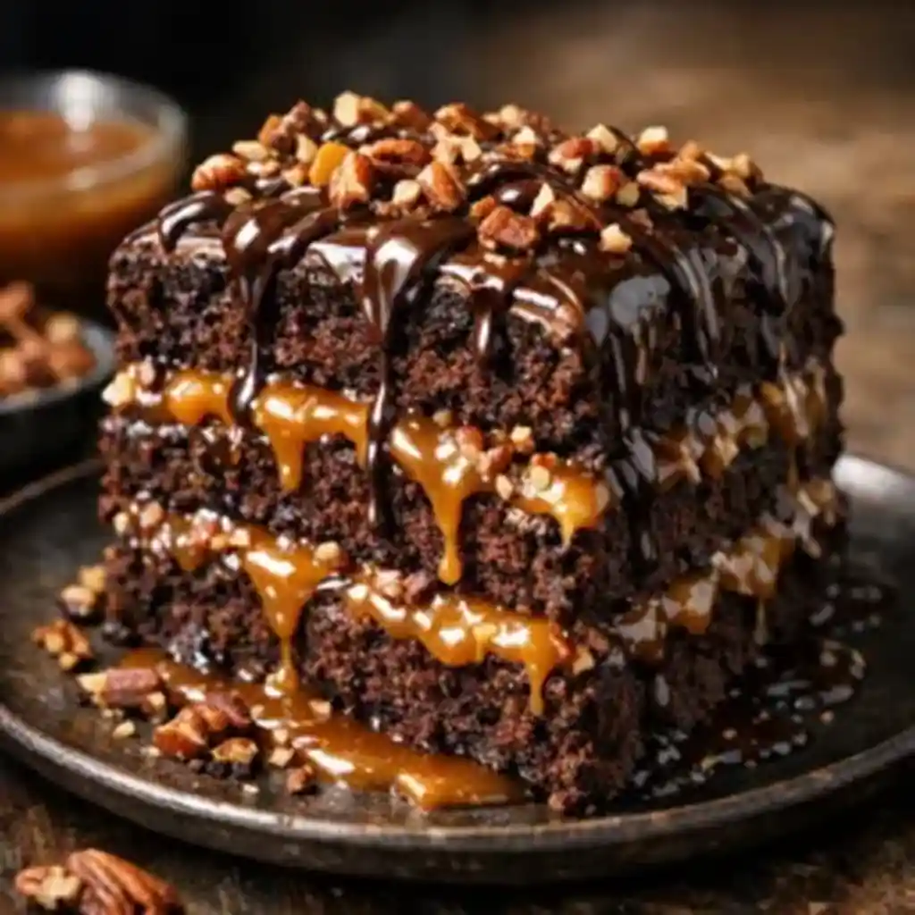 Turtle Caramel Cake That Melts Hearts and Steals the Spotlight 1 Turtle caramel cake with chocolate, caramel drizzle, and pecans