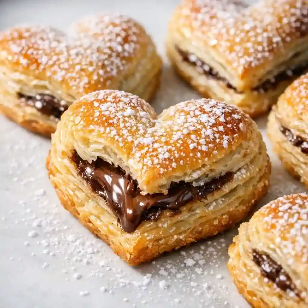 Nutella Puff Pastry Hearts with flaky layers and melted chocolate