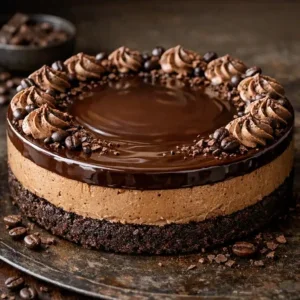 Creamy slice of coffee mocha cheesecake with rich chocolate crust