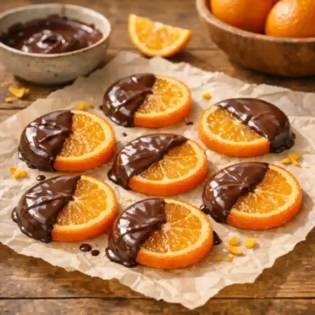 Chocolate dipped oranges on a serving plate in a cozy kitchen