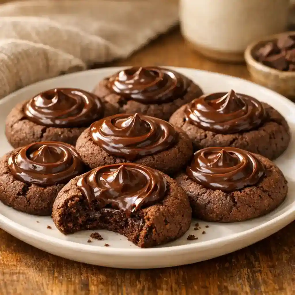 Valentine ganache cookies topped with smooth chocolate in a cozy kitchen setting