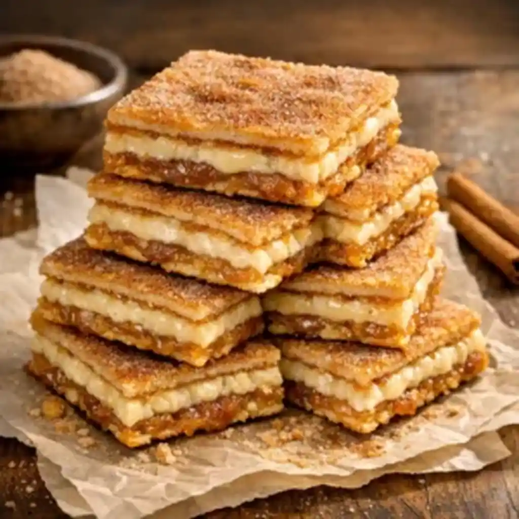Easy Churro Saltine Toffee Bars with Cinnamon Sugar and Creamy Filling stacked with visible layers