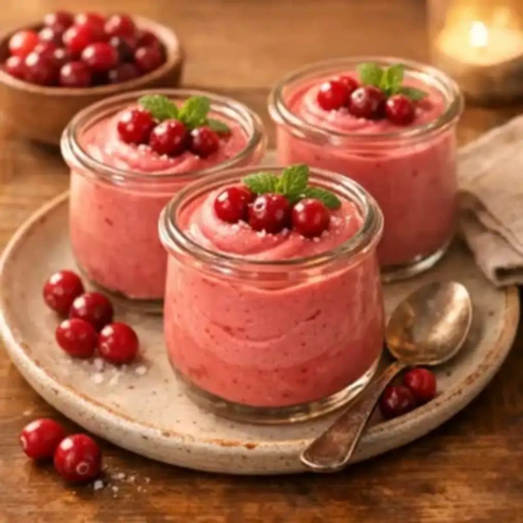 Creamy Cranberry Mousse Cups served in small glass jars