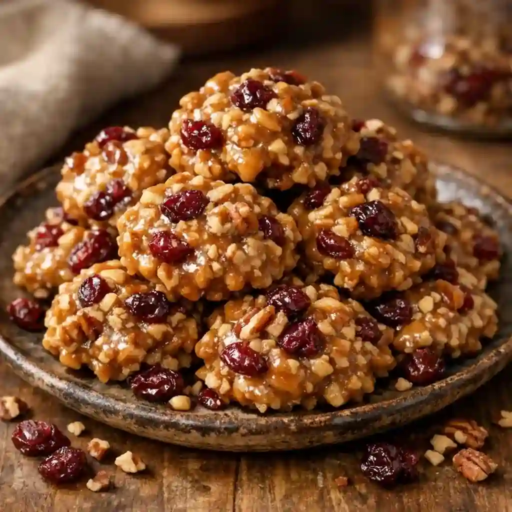 No-Bake Cranberry Pecan Praline Cookies for Cozy Family Nights 1 No-Bake Cranberry Pecan Praline Cookies on a cozy kitchen plate