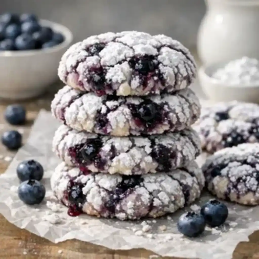 Blueberry Crinkle Cookies That Stay Soft and Pop With Flavor 1 Freshly baked Blueberry Crinkle cookies with powdered sugar tops